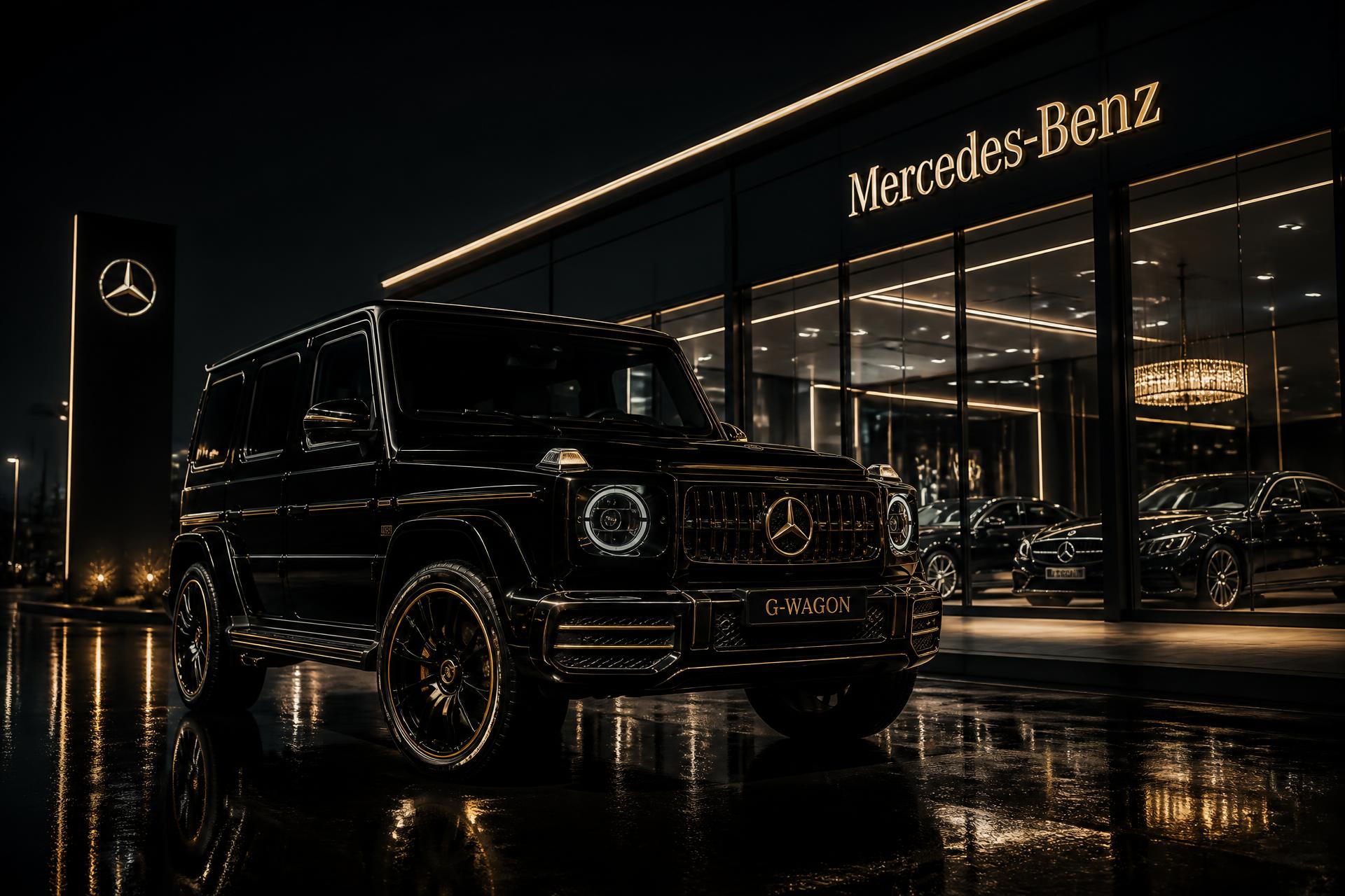 Luxury black G-Wagon outside the Manga Automobiles showroom in Abuja at night
